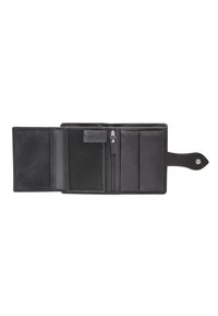 Portafoglio in pelle nera con più scomparti, una tasca con zip e una finitura texturizzata; presenta una chiusura a scatto e una tracolla per il polso.