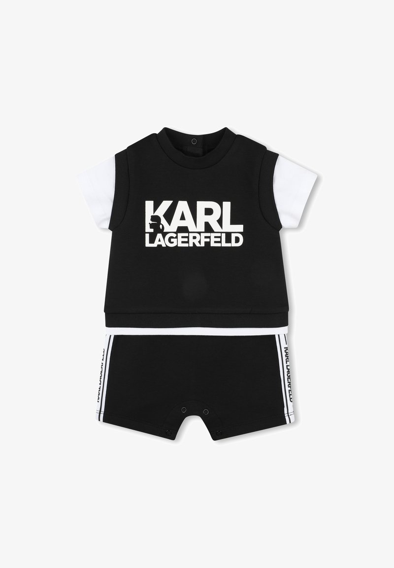 Completo per neonati nero in due pezzi, composto da una maglietta a maniche corte con dettagli bianchi e un audace logo "KARL LAGERFELD", abbinato a pantaloni corti coordinati.