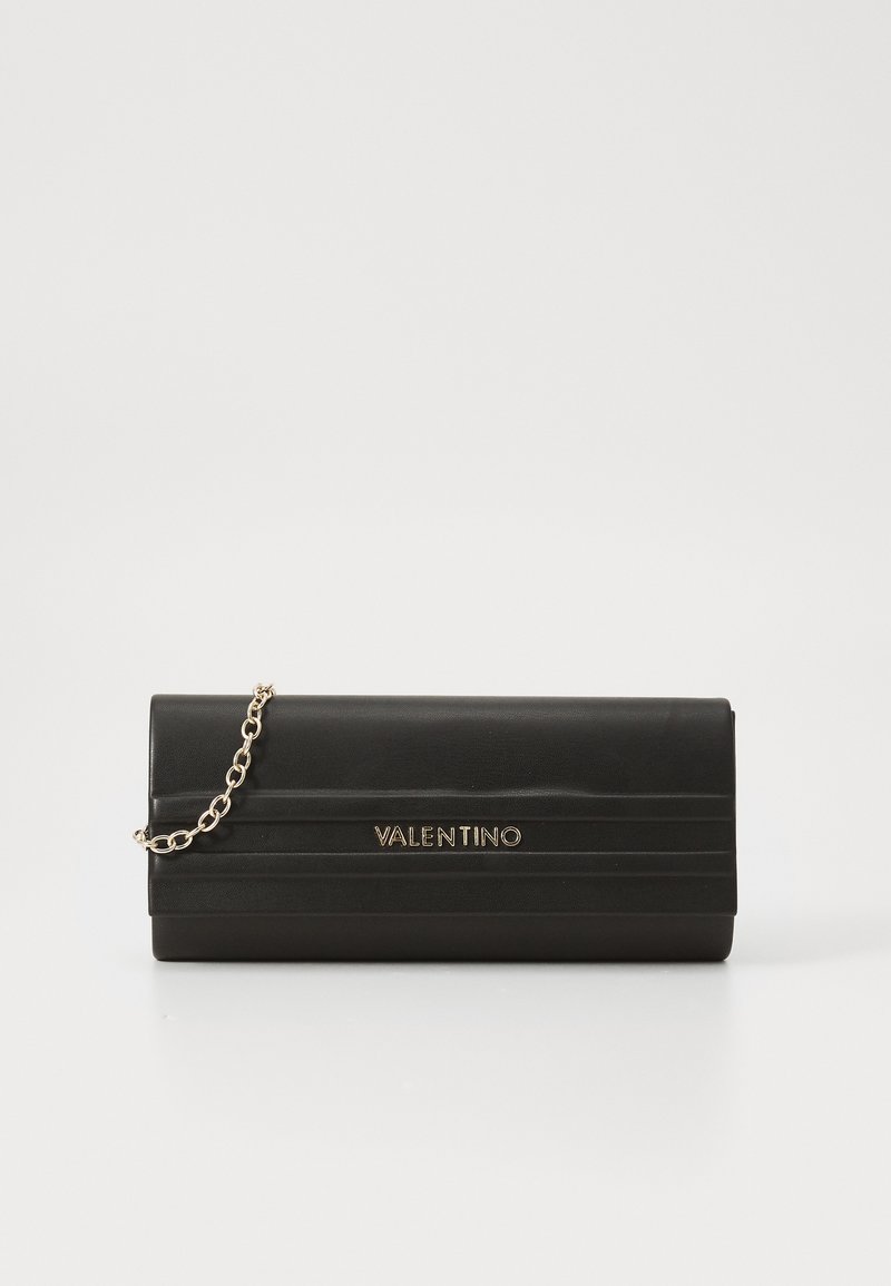 Black leather clutch with a textured surface, featuring a gold chain strap and embossed "Valentino" logo on the front. Compact rectangular shape.