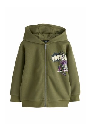 Green zip-up hoodie made from soft fabric, featuring a skull graphic with purple accents on the front and a spacious hood.