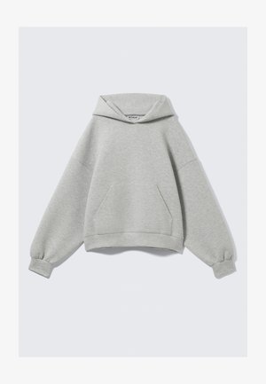 Light gray oversized hoodie with a front kangaroo pocket and elastic cuffs, laid flat against a plain background.