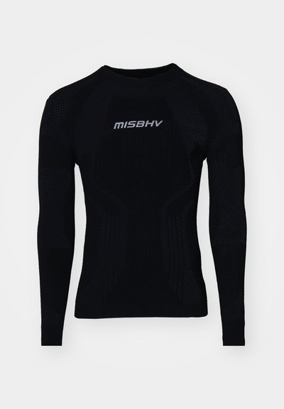 Black long-sleeve top made of textured knit material. Features a fitted design with mesh panels and a logo at the center.