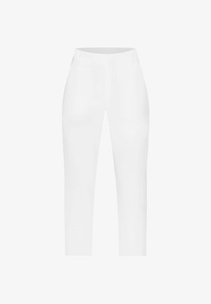 Hvide bukser med et slankt fit, der har forlommer, en glat tekstur og et rent, minimalistisk design. Ingen synlige beslag eller mønstre.