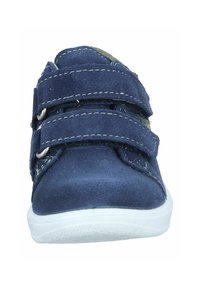 Navy blue suede shoe with two Velcro straps and white rubber sole. Features light-colored stitching and a soft texture.