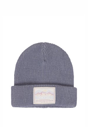 Gray knitted beanie with folded cuff and a rectangular patch featuring mountains and the text "Billabong Adventure Division".