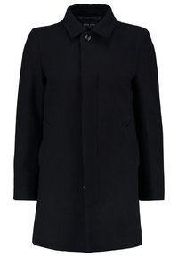 Cappotto in misto lana nero con colletto, chiusura a un bottone, tasche laterali e silhouette dritta. Texture liscia, design minimale.