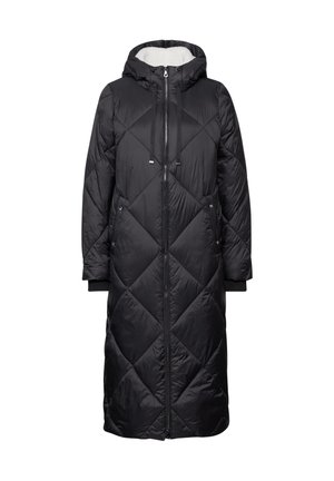 Sort lang puffermantel med hætte, diamant quiltet mønster, lynlås foran, sidelommer og ribbede manchetter. Foret med blødt stof.