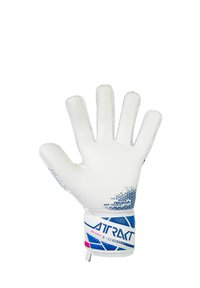 Keepershandschoen met een witte latex body, blauwe en roze accenten, een gestructureerde palm voor grip en een aansluitende polsband voor ondersteuning.