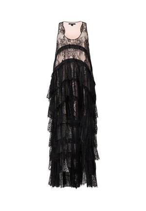 Svart blondekjole med lagdelte volanger, ermeløs design og gjennomsiktig tekstur. Den har en rund hals og intrikate blomster mønstre.