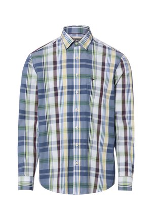 Langärmliges Hemd mit Knopfleiste in blau-grün-gelbem Karomuster und Brusttasche auf weißem Hintergrund.