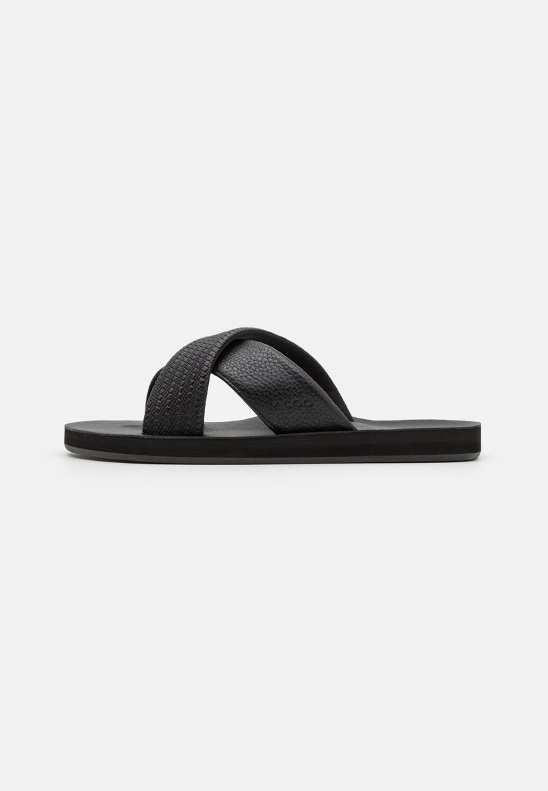 Sandales noires avec un design de bretelles croisées texturé et une semelle plate. Fabriquées en matériaux synthétiques, elles présentent une finition lisse et un branding subtil.