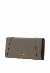 Gray textured leather wallet with a flap design, featuring a gold "PICARD" logo on the front and stitching accents along the edges.