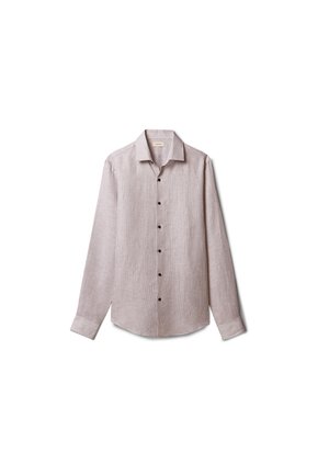 Smėlinės spalvos ilgomis rankovėmis marškiniai su sagomis, su smailėjančiu apykakle, vienos sagos rankogaliais ir smulkia vertikalių dryžių raštu.