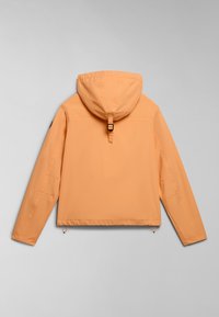 Oranje lichtgewicht jas met capuchon, voorzien van een getailleerde taille, elastische manchetten en een lusdetail aan de achterkant. Glad materiaal met minimale naden.