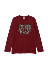 Bourgondische katoenen shirt met lange mouwen, voorzien van een graphic print met de tekst "FUTURE ACTIVE FIRE" in gestructureerd wit en groen.