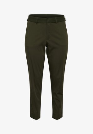 Alyviniai žali kelnių iš lygaus audinio su tiesiomis kojomis, priekinėmis kišenėmis ir juosmens juosta su diržo kilpelėmis.