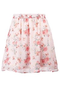 Jupe fleurie avec un design plissé, fabriquée en tissu léger rose. Présente de petites fleurs rouges et blanches, et une taille élastique.