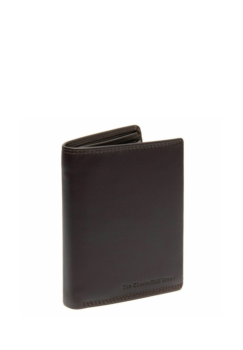 Brown leather wallet with a smooth texture, bi-fold design, and visible stitching. Features embossed branding on the lower front.