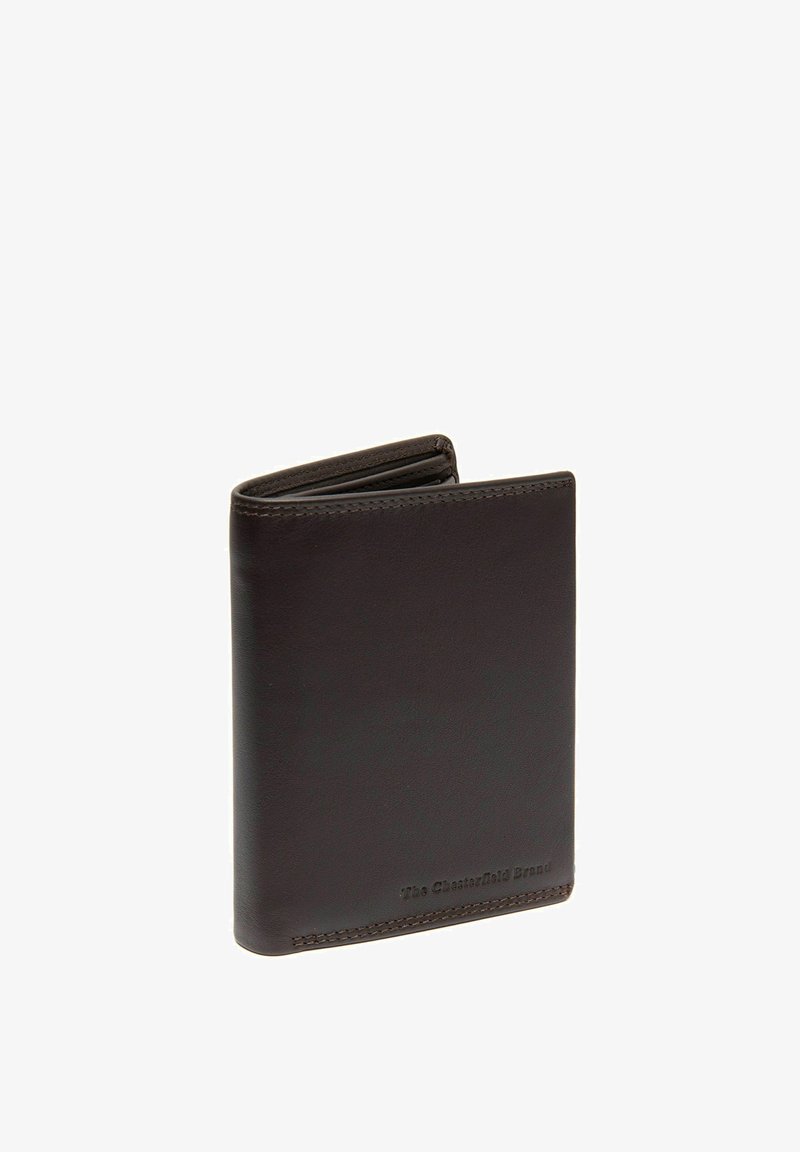 Brown leather wallet with a smooth texture, bi-fold design, and visible stitching. Features embossed branding on the lower front.
