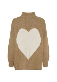 Brun strikket sweater med et stort hvidt hjerte design på ryggen, med høj krave og løse ærmer.