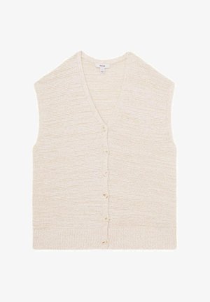 Kremno barvana pletena brezrokavnik z V-izrezom, šestimi gumbi spredaj in teksturirano tkanino z rebrastim spodnjim robom.