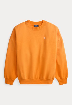 Oranger Pullover mit Rundhalsausschnitt, langen Ärmeln und gerippten Bündchen. Verfügt über ein kleines weißes Logo auf der Brust. Hergestellt aus weichem Baumwollmaterial.