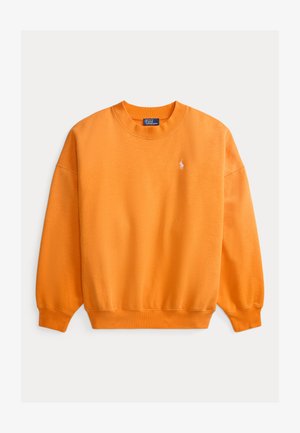 Oranž sweatshirt ümara kaelusega, pika varrukaga ja soonikkoes mansettidega. Rinnal on väike valge logo. Valmistatud pehmest puuvillamaterjalist.