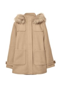 Cappotto di lana beige con cappuccio rifinito in pelliccia, tasche a toppa sul davanti, polsini con chiusura a bottone e chiusura frontale nascosta.
