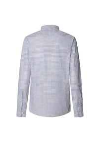 Lange mouwen shirt in lichtblauw met witte ruitpatroon. Heeft een kraag, knoopmanschetten en een relaxte pasvorm. Gemaakt van geweven stof.