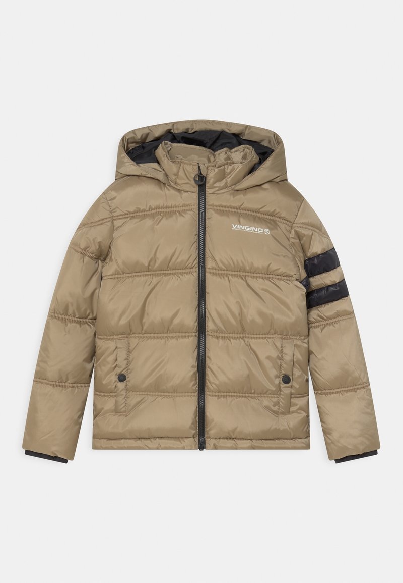 Veste matelassée marron clair avec capuche, fermeture éclair avant, deux poches à boutons-pression, rayures noires sur les manches et logo "VINGINO" sur la poitrine.