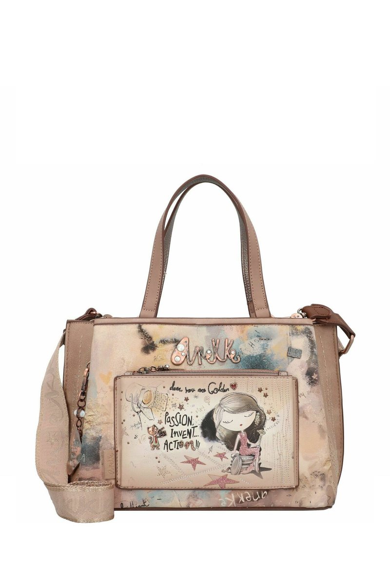Sac à main synthétique beige avec double poignées, poche avant ornée d'un personnage de dessin animé et motifs abstraits colorés. Bretelle ajustable incluse.