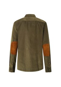 Camicia in corduroy verde oliva con toppe in suede marrone sui gomiti, polsini con bottoni e colletto classico. Texture liscia e design a taglio dritto.