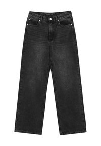 Jeans neri a gamba larga realizzati in denim, dotati di vita alta, chiusura con bottone, cinque tasche e una leggera scoloritura sul tessuto.