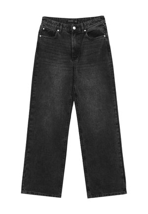 Jeans neri a gamba larga realizzati in denim, dotati di vita alta, chiusura con bottone, cinque tasche e una leggera scoloritura sul tessuto.
