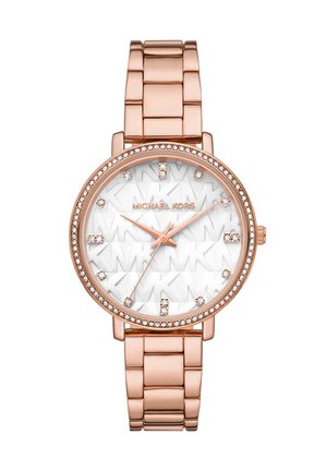 Michael Kors polshorloge in roségouden tint met kristallen bezette lunette, witte wijzerplaat met MK-logopatroon en kristallen uurmarkeringen op een metalen schakelband.