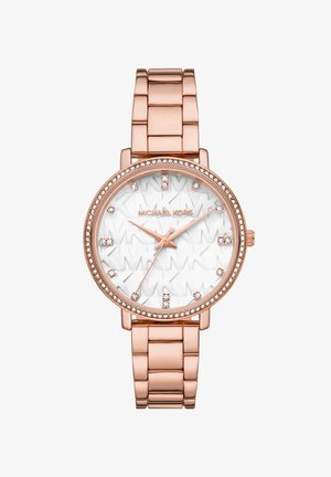 Michael Kors armbåndsur i rosaguldfarve med krystaller på urskrans, hvid urskive med MK-logo og krystal-timemarkører på metalarmbånd.
