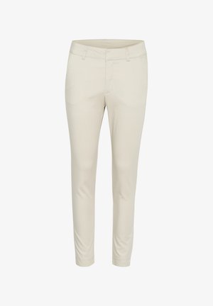 Beige Slim-Fit-Hosen mit glatter Textur, minimalen Nähten, zwei Fronttaschen und einem schlichten Bund.