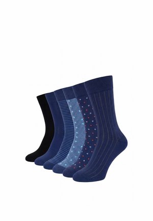 Set di sei calzini da uomo a metà polpaccio in nero con vari motivi blu, tra cui righe, pois e disegni geometrici.