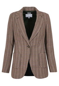 Houndstooth-mönstrad kavaj i brunt och beige med en enda knapp, slagkrage och två framfickor. Fodrad med grönt tyg.