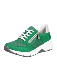 Green suede and mesh sneaker with silver accents, white laces, and a side zipper. Rubber sole with grey detailing.