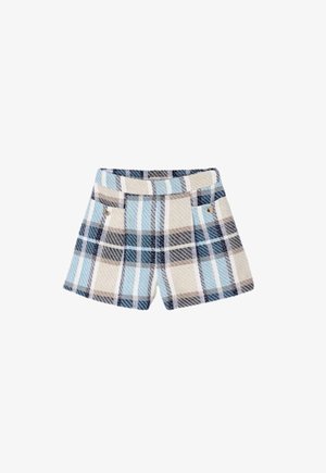 Shorts a vita alta con un motivo a quadri blu, beige e bianco e tasche frontali con dettagli di bottoni su sfondo bianco.