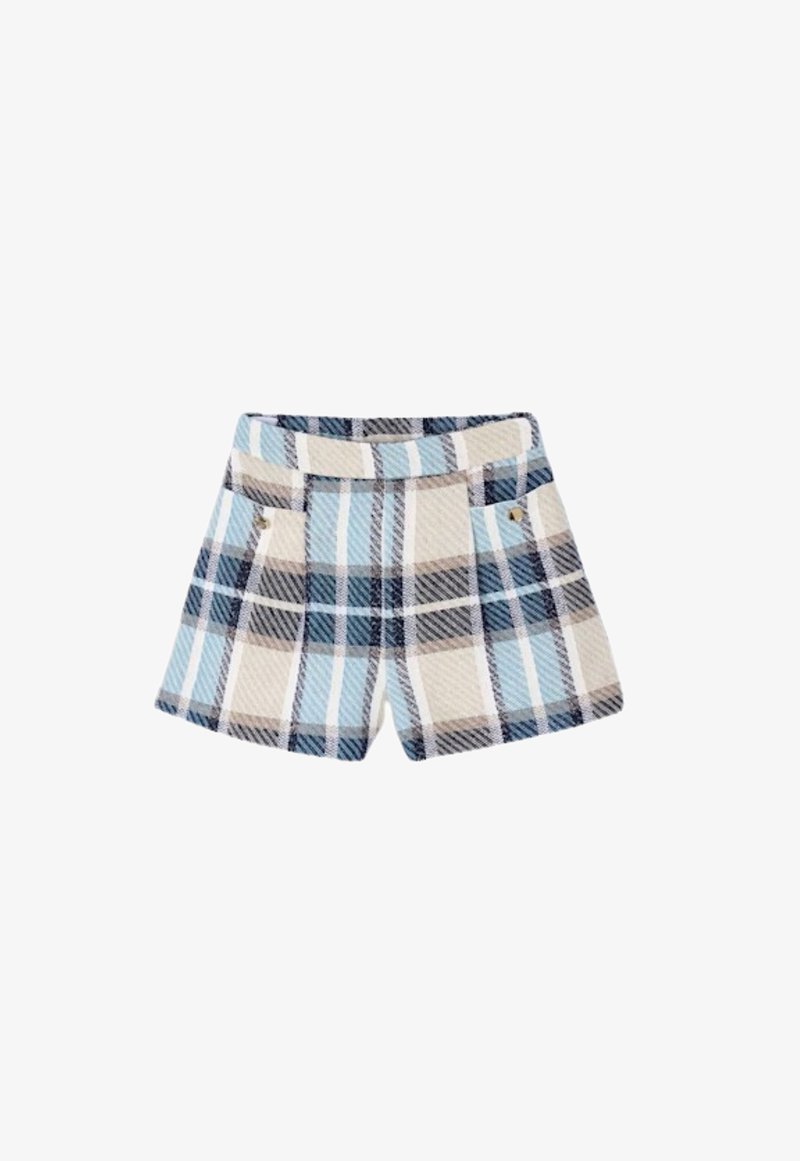 Shorts a vita alta con un motivo a quadri blu, beige e bianco e tasche frontali con dettagli di bottoni su sfondo bianco.