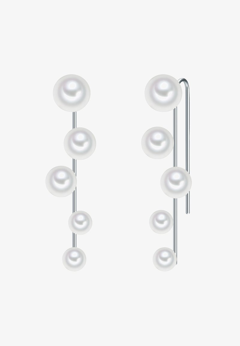 Sølv øreringe med seks graduering hvide perler hængende på et slankt stangdesign, der viser en glat, blank finish.