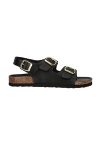 Svart sandal med två justerbara remmar och guldfinish, med en korkmellansula och texturerad svart gummisula.