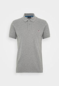 Grau Polo-Shirt aus Baumwolle, mit Kragen, kurzen Ärmeln und einem kleinen gestickten Elefanten-Logo auf der linken Brust.