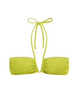 Top de bikini verde lime dintr-un material neted și elastic, cu detalii adunate și șnururi reglabile la gât și la spate.