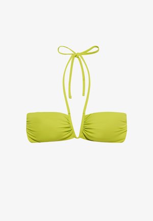 Μπικίνι τοπ σε χρώμα πράσινο λάιμ με απαλό, ελαστικό ύφασμα, διακοσμημένο με πιέτες και ρυθμιζόμενους δεσμούς στο λαιμό και την πλάτη.