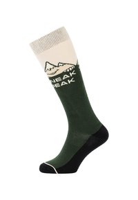 Skarpetki do kolan o zielonej podstawie, z kremowym mankietem w wzór gór i czubkiem w kolorze czarnym. Szyłka z teksturą dzianą z napisem "Sneak Peak".