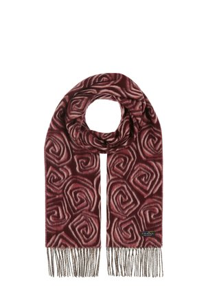 Sciarpa bordeaux con un motivo a spirale in tonalità di rosa e malva, con estremità frangiate e un'etichetta con logo. Texture morbida e forma rettangolare.
