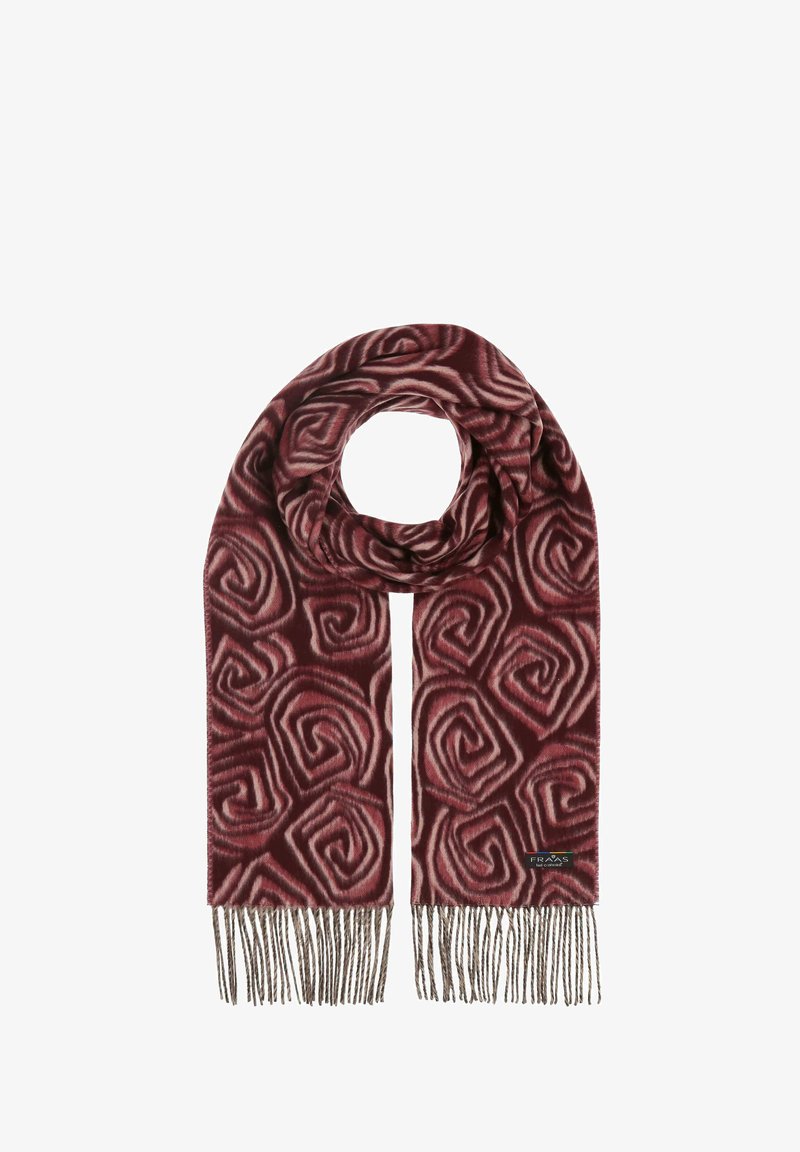 Écharpe bordeaux avec un motif en tourbillon dans des nuances de rose et de marron, dotée de bords frangés et d'une étiquette de logo. Texture douce et forme rectangulaire.